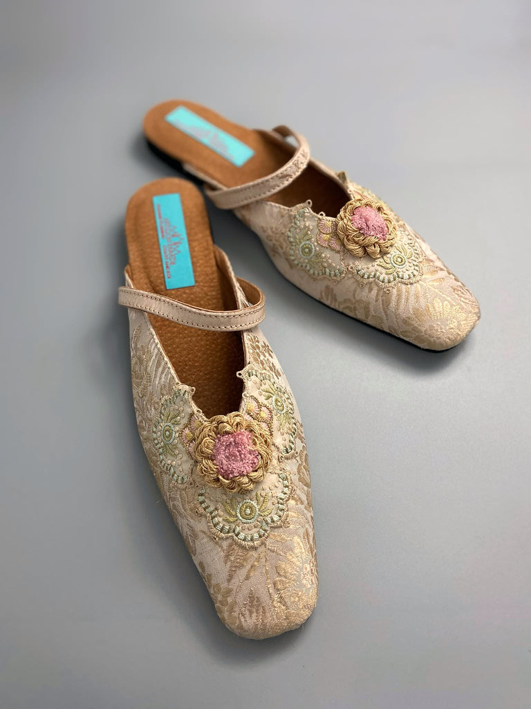 Rose gold square toed silk brocade shoes with silk rosettes. Bohemian styles created from antique textiles by the Pavilion Parade studio.