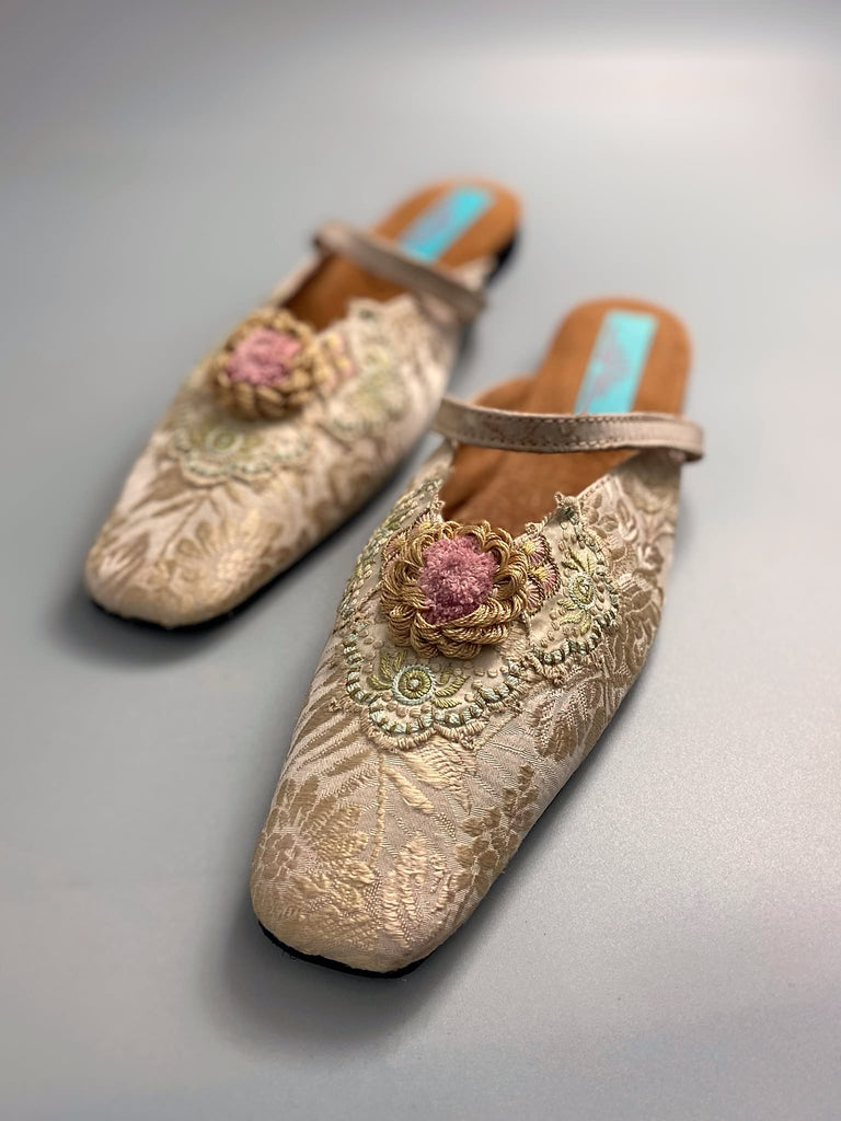 Rose gold square toed silk brocade shoes with silk rosettes. Bohemian styles created from antique textiles by the Pavilion Parade studio.