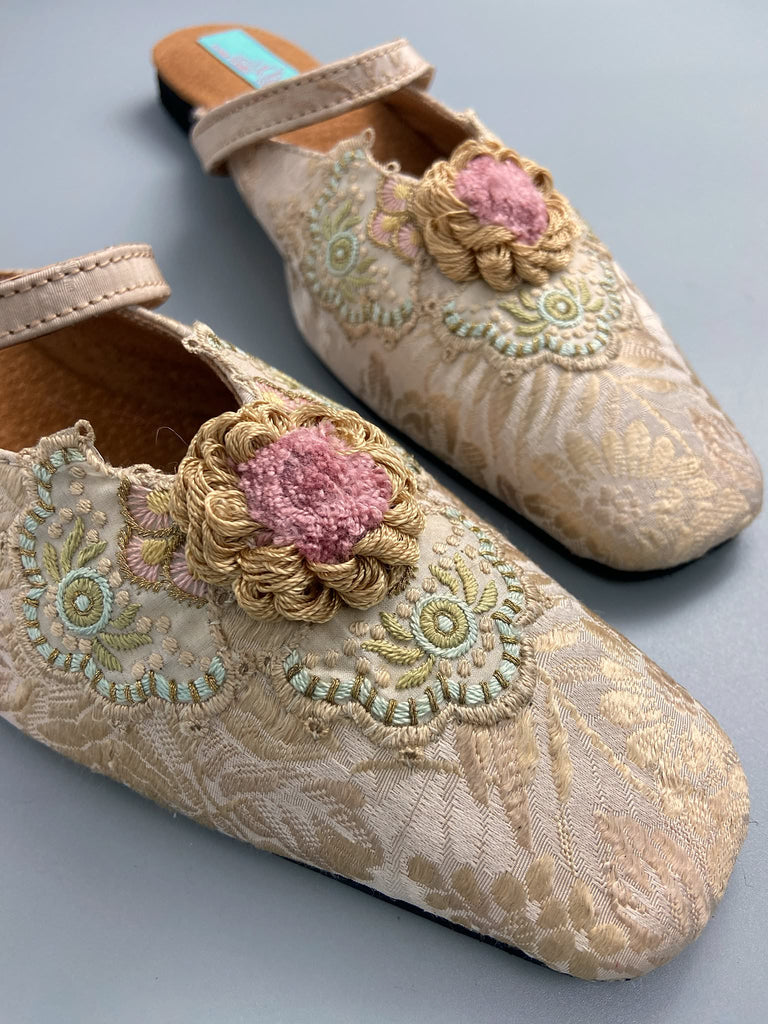 Rose gold square toed silk brocade shoes with silk rosettes. Bohemian styles created from antique textiles by the Pavilion Parade studio.