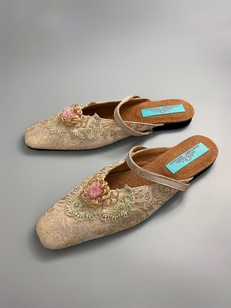 Rose gold square toed silk brocade shoes with silk rosettes. Bohemian styles created from antique textiles by the Pavilion Parade studio.