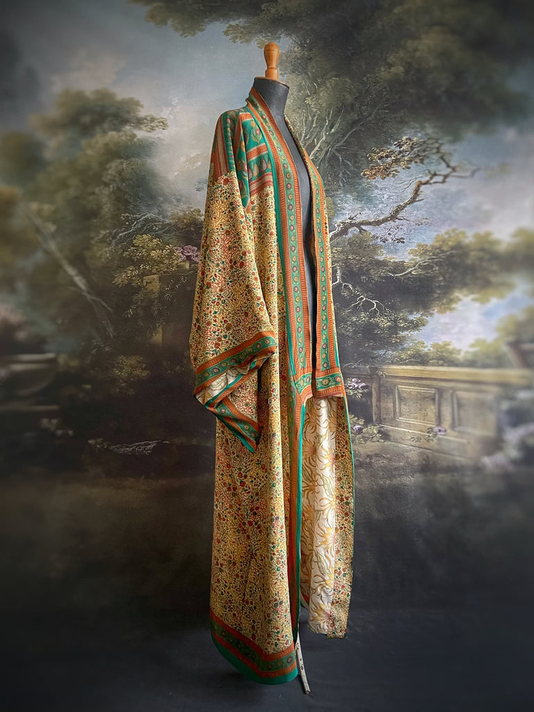 Emerald green and sand floral 1920s inspired silk kimono robe. Bohemian styles sustainably created from vintage textiles by the Pavilion Parade studio.