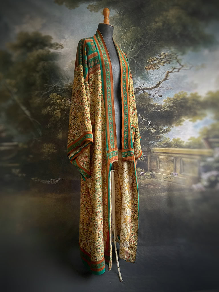 Emerald green and sand floral 1920s inspired silk kimono robe. Bohemian styles sustainably created from vintage textiles by the Pavilion Parade studio.