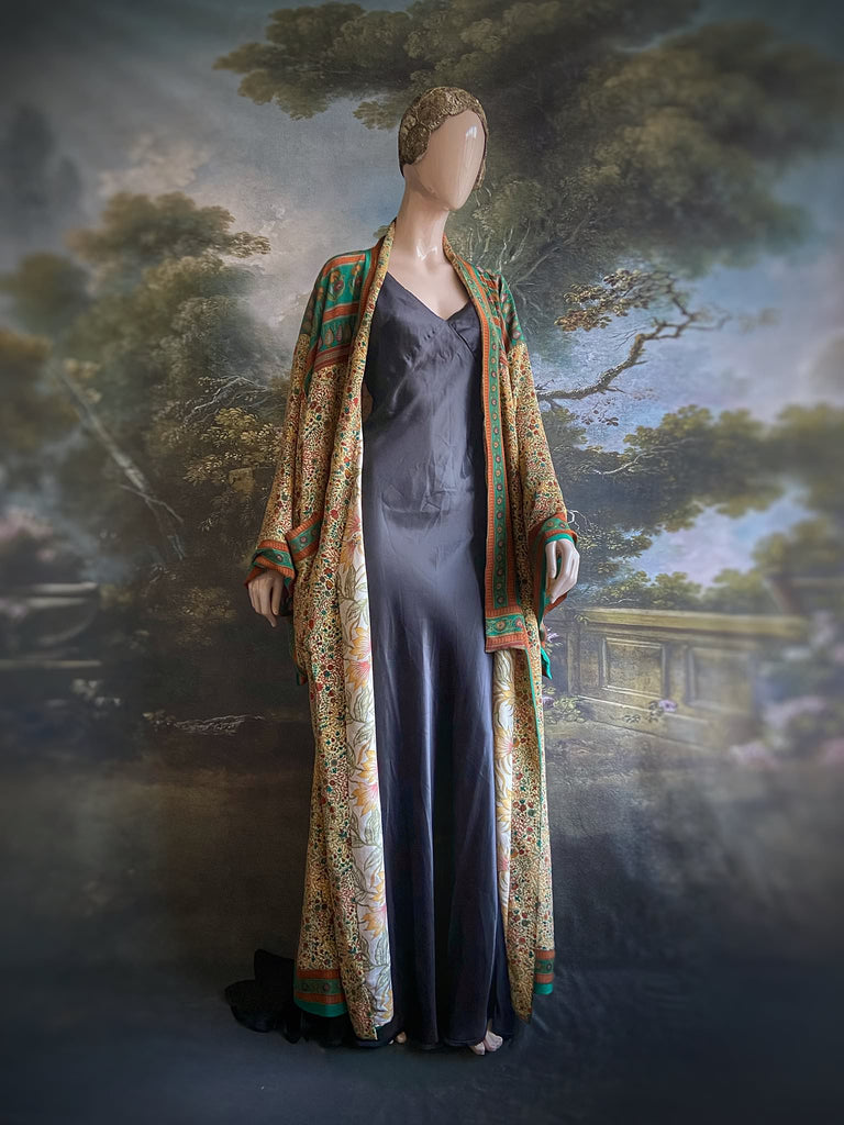 Emerald green and sand floral 1920s inspired silk kimono robe. Bohemian styles sustainably created from vintage textiles by the Pavilion Parade studio.