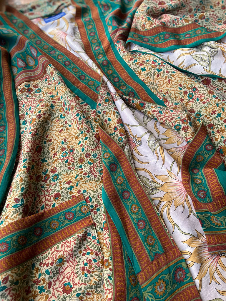 Emerald green and sand floral 1920s inspired silk kimono robe. Bohemian styles sustainably created from vintage textiles by the Pavilion Parade studio.