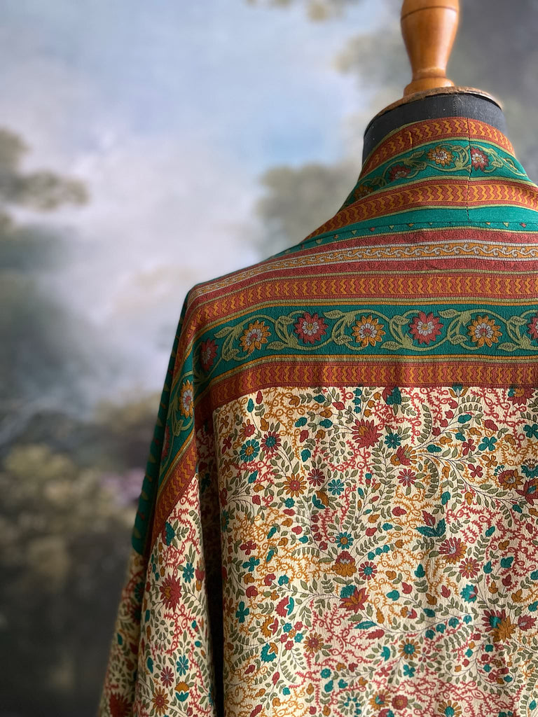 Emerald green and sand floral 1920s inspired silk kimono robe. Bohemian styles sustainably created from vintage textiles by the Pavilion Parade studio.