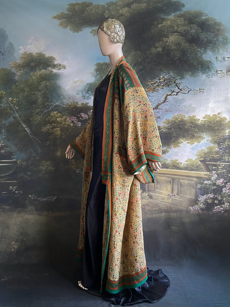 Emerald green and sand floral 1920s inspired silk kimono robe. Bohemian styles sustainably created from vintage textiles by the Pavilion Parade studio.
