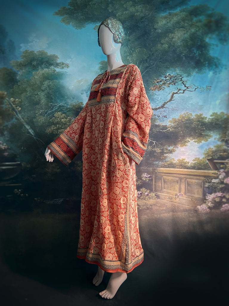 Reversible russet cotton kaftan maxi dress with pockets and wide sleeves. Unique bohemian styles created from antique and vintage textiles by the Pavilion Parade Studio.
