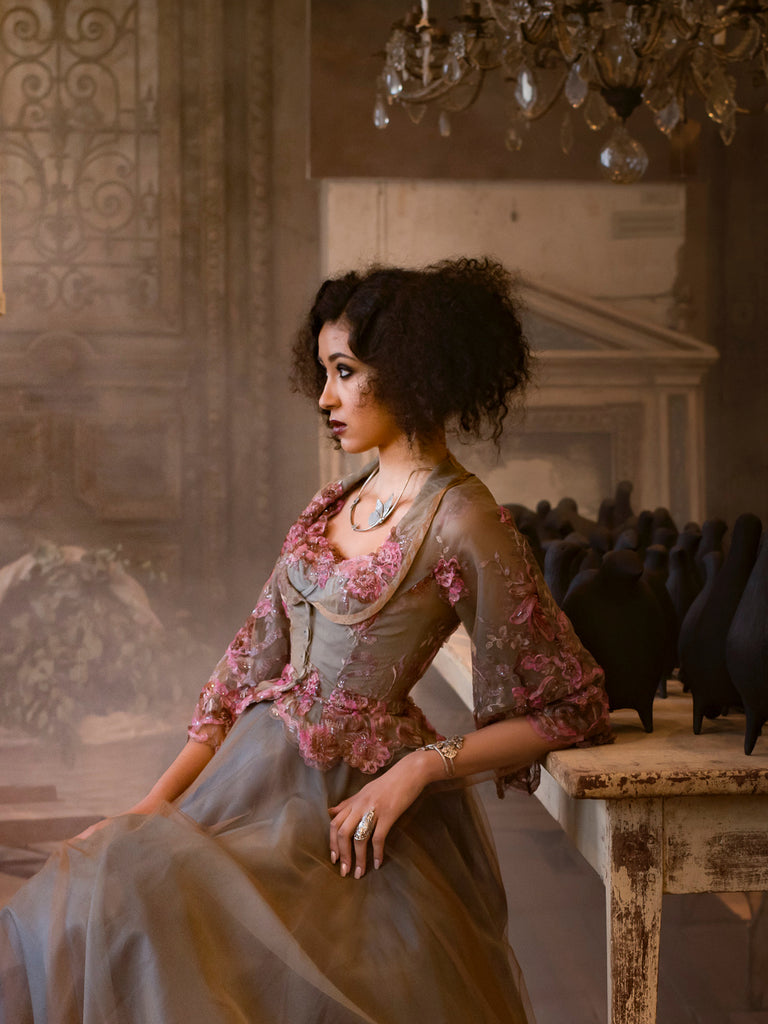 Ribbon embroidered and beaded silk and tulle bodice jacket with picture neckline and pagoda sleeves. French grey, rose pink and lavender. Flight of fancy from the Pavilion Parade studio. 