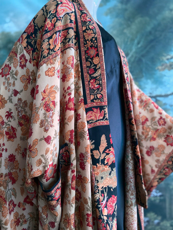 1920s inspired silk kimono robe with tassel sleeves, created from vintage scarlet, pumpkin and antique ivory silk crepe. Unique bohemian designs from the Pavilion Parade studio.