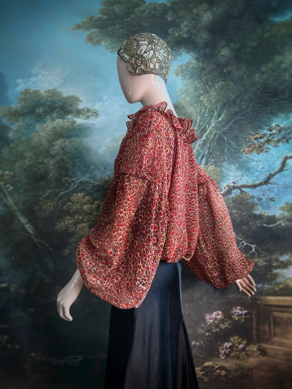 Cinnamon and caramel silk georgette Pierrot blouse with long full sleeves and adjustable drawstring frilled neckline. Bohemian styles sustainably created from antique and vintage textiles by the Pavilion Parade studio. 