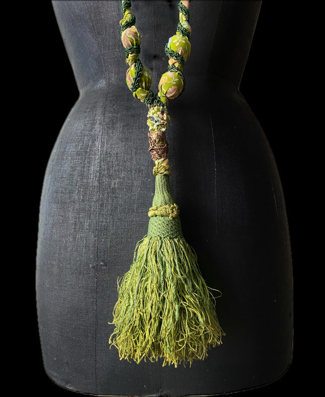 Aesthetic Movement inspired long silk sautoir necklace with antique tassel embellishment. Bohemian style from vintage textiles by Pavilion Parade. 