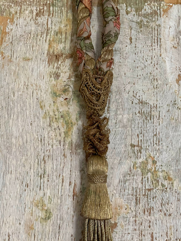 Aesthetic Movement inspired long silk sautoir necklace with antique tassel embellishment. Bohemian style from vintage textiles by Pavilion Parade. 