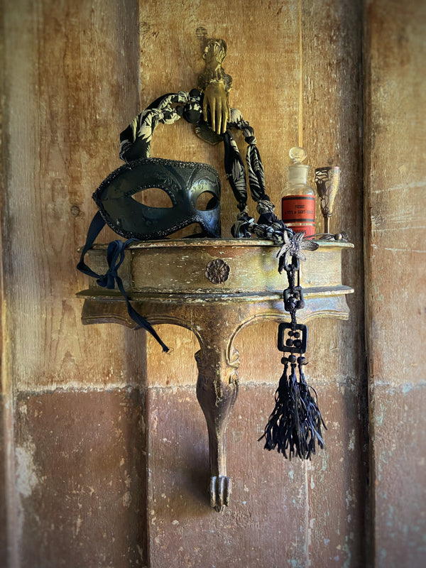 Aesthetic Movement inspired long silk sautoir necklace with antique tassel embellishment. Bohemian style from vintage textiles by Pavilion Parade. 