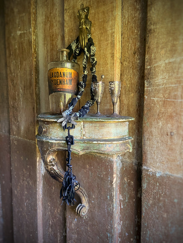 Aesthetic Movement inspired long silk sautoir necklace with antique tassel embellishment. Bohemian style from vintage textiles by Pavilion Parade. 