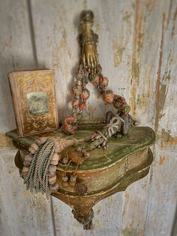 Aesthetic Movement inspired long silk sautoir necklace with antique tassel embellishment. Bohemian style from vintage textiles by Pavilion Parade. 