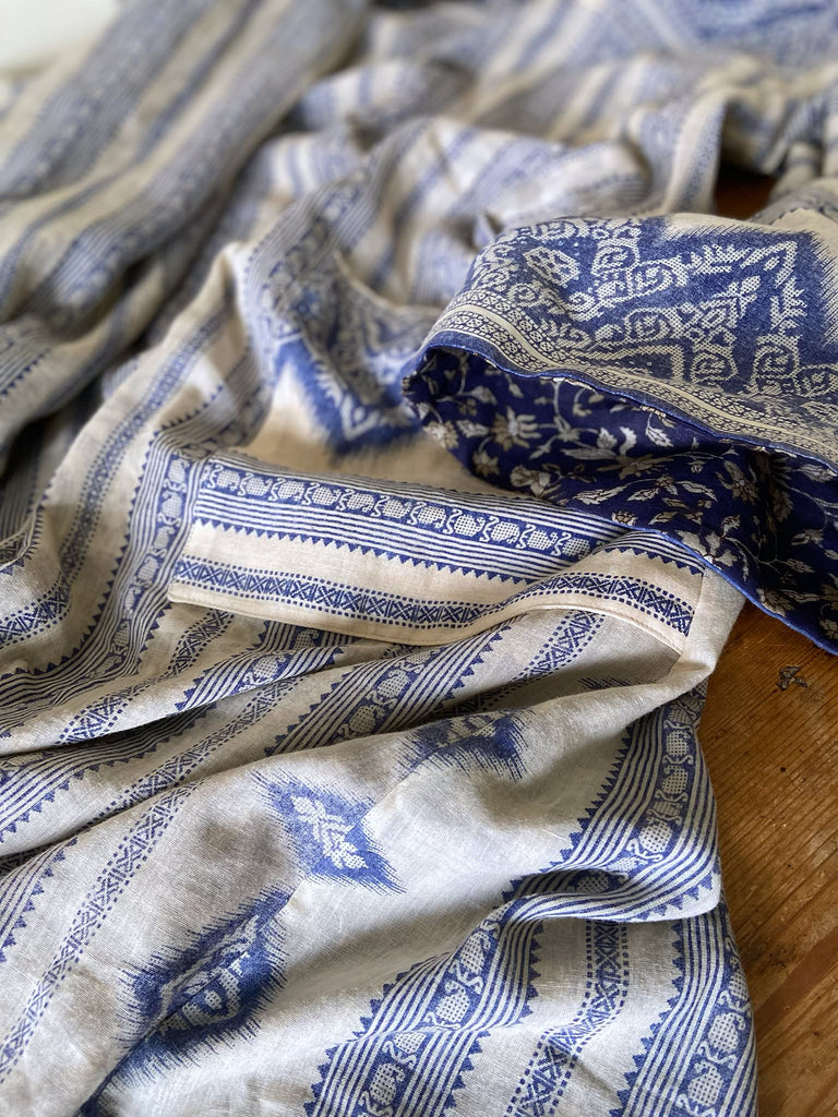 Faded indigo hand block printed fine cotton kaftan dress. Deep V neck, patch pockets, fully reversible. Bohemian style sustainably created from antique and vintage textiles by the Pavilion Parade studioi.