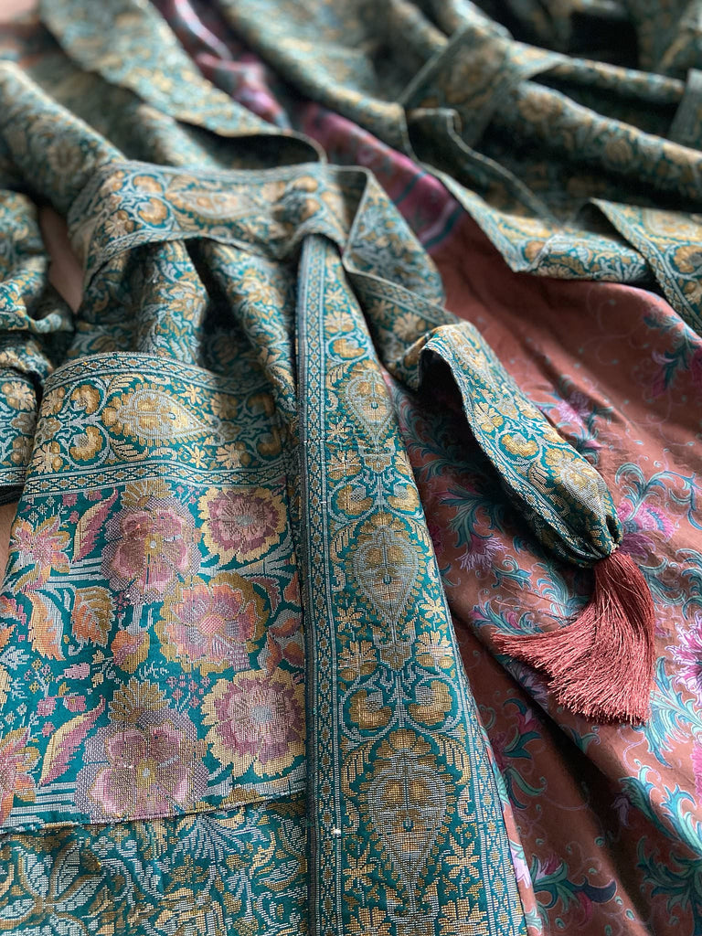 Emerald green, gold and copper silk brocade dressing robe or duster coat with full sleeves, oversize pockets and tassel sash. Bohemian style created from antique and vintage textiles by the Pavilion Parade studio