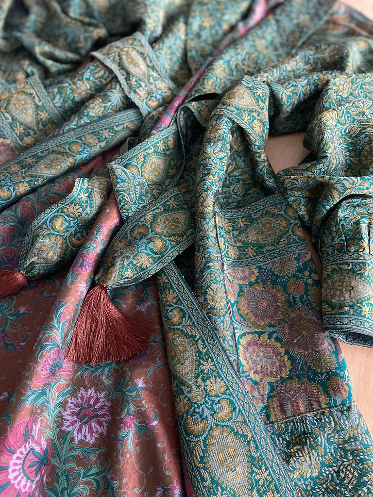 Emerald green, gold and copper silk brocade dressing robe or duster coat with full sleeves, oversize pockets and tassel sash. Bohemian style created from antique and vintage textiles by the Pavilion Parade studio