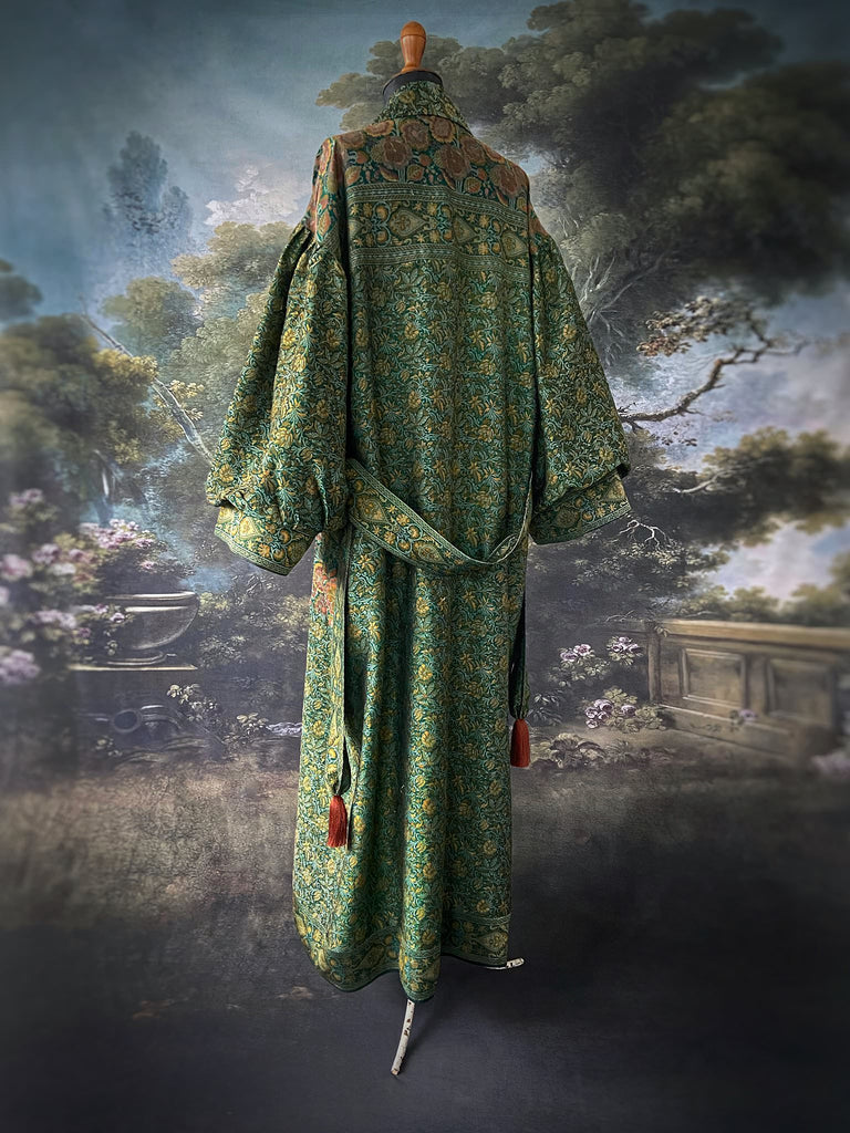Emerald green, gold and copper silk brocade dressing robe or duster coat with full sleeves, oversize pockets and tassel sash. Bohemian style created from antique and vintage textiles by the Pavilion Parade studio