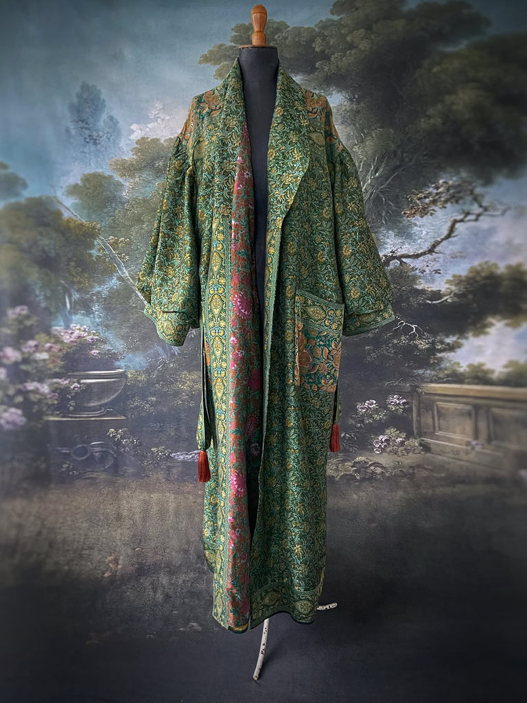 Emerald green, gold and copper silk brocade dressing robe or duster coat with full sleeves, oversize pockets and tassel sash. Bohemian style created from antique and vintage textiles by the Pavilion Parade studio