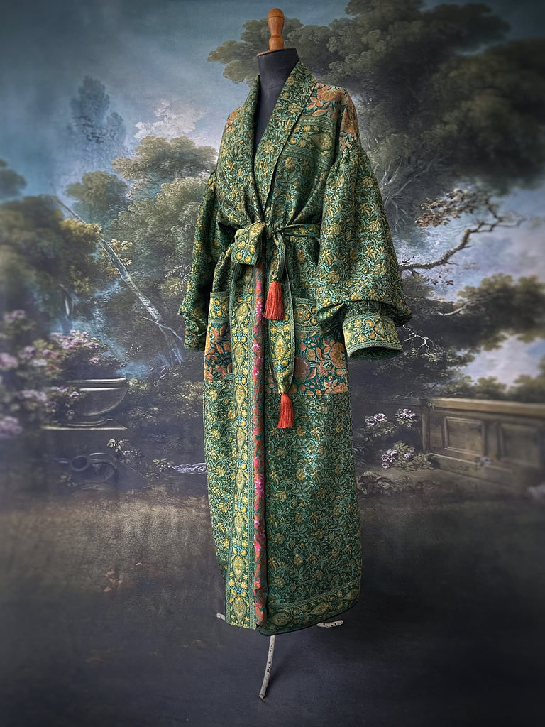 Emerald green, gold and copper silk brocade dressing robe or duster coat with full sleeves, oversize pockets and tassel sash. Bohemian style created from antique and vintage textiles by the Pavilion Parade studio
