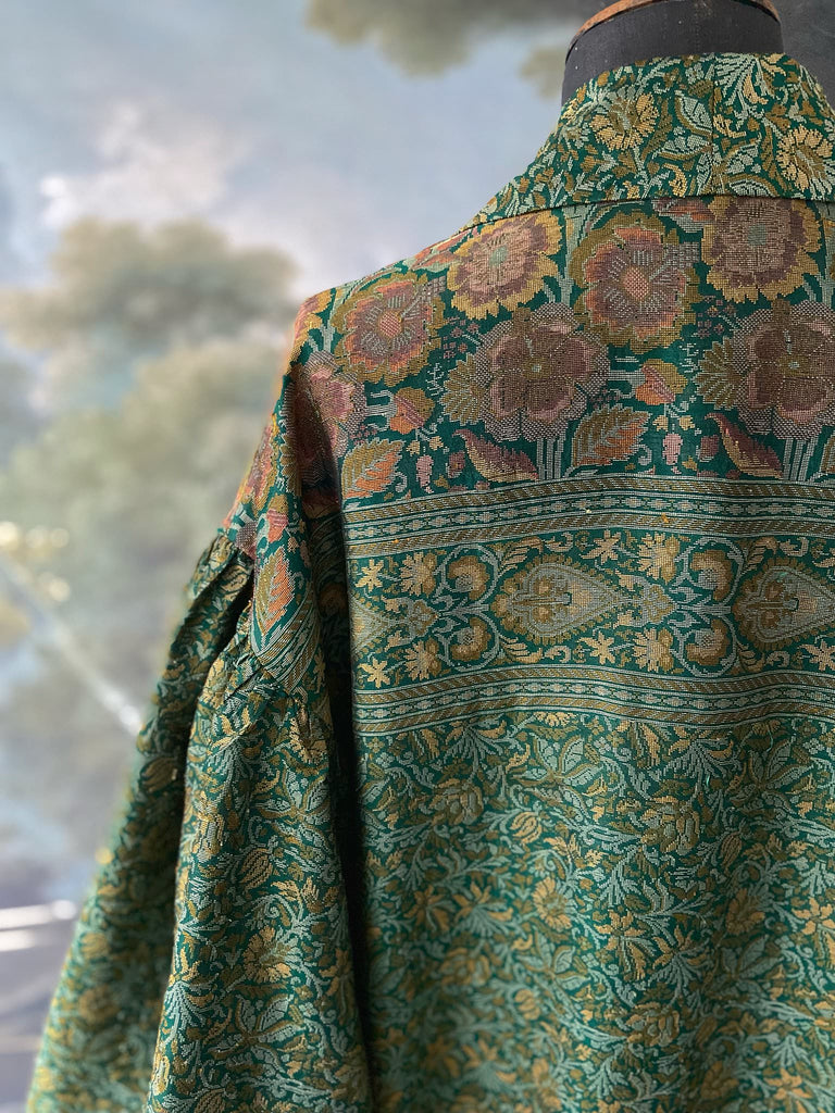 Emerald green, gold and copper silk brocade dressing robe or duster coat with full sleeves, oversize pockets and tassel sash. Bohemian style created from antique and vintage textiles by the Pavilion Parade studio