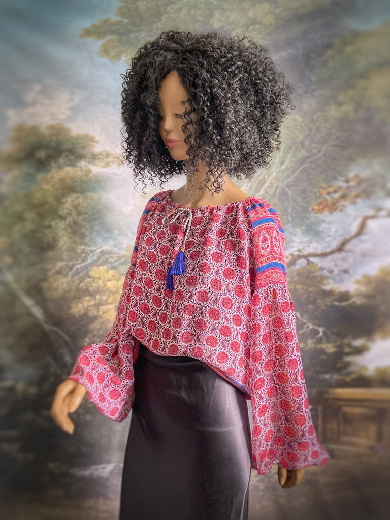 Garnet, Prussian blue and pink silk chiffon blouse with long full sleeves and adjustable drawstring neckline. Bohemian styles sustainably created from antique and vintage textiles by the Pavilion Parade studio. 