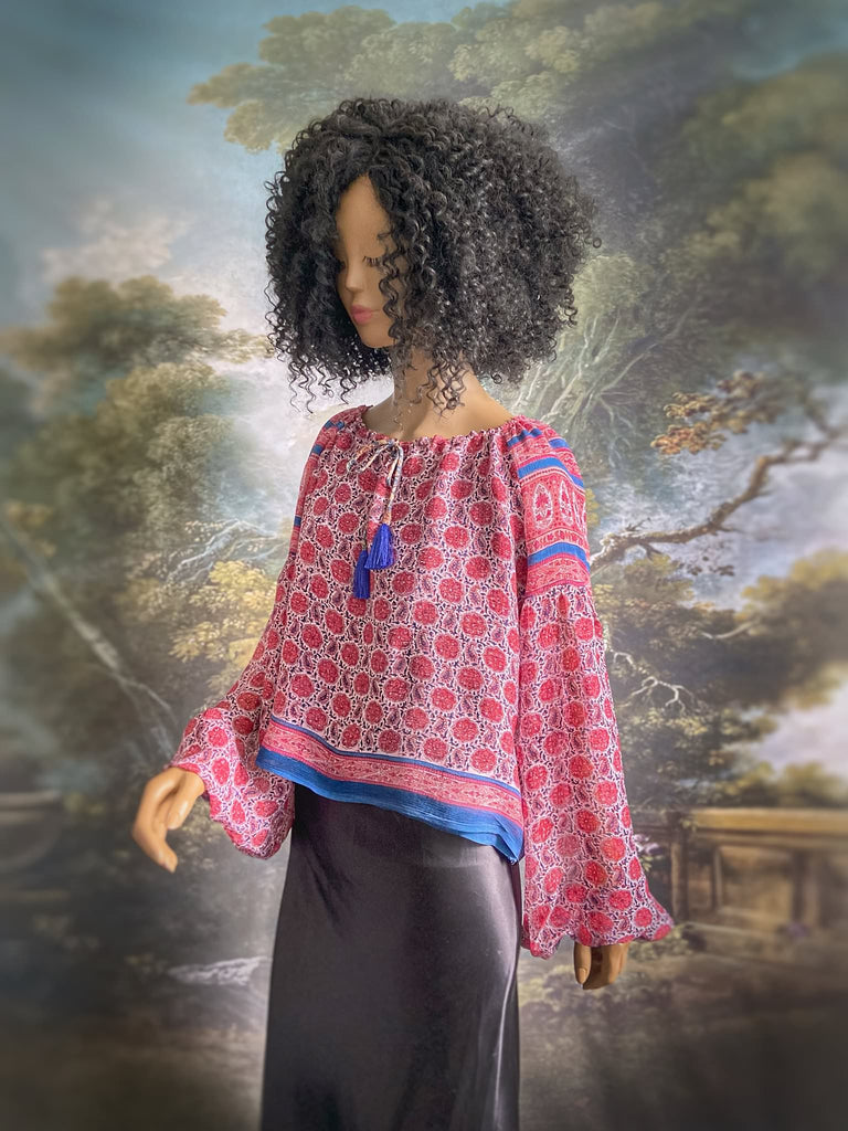 Garnet, Prussian blue and pink silk chiffon blouse with long full sleeves and adjustable drawstring neckline. Bohemian styles sustainably created from antique and vintage textiles by the Pavilion Parade studio. 