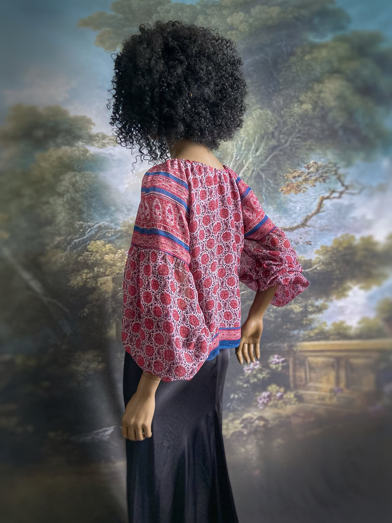 Garnet, Prussian blue and pink silk chiffon blouse with long full sleeves and adjustable drawstring neckline. Bohemian styles sustainably created from antique and vintage textiles by the Pavilion Parade studio. 