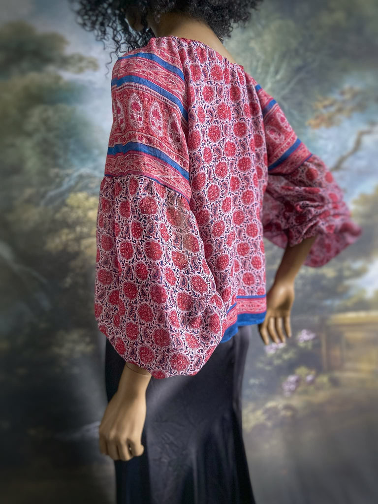 Garnet, Prussian blue and pink silk chiffon blouse with long full sleeves and adjustable drawstring neckline. Bohemian styles sustainably created from antique and vintage textiles by the Pavilion Parade studio. 