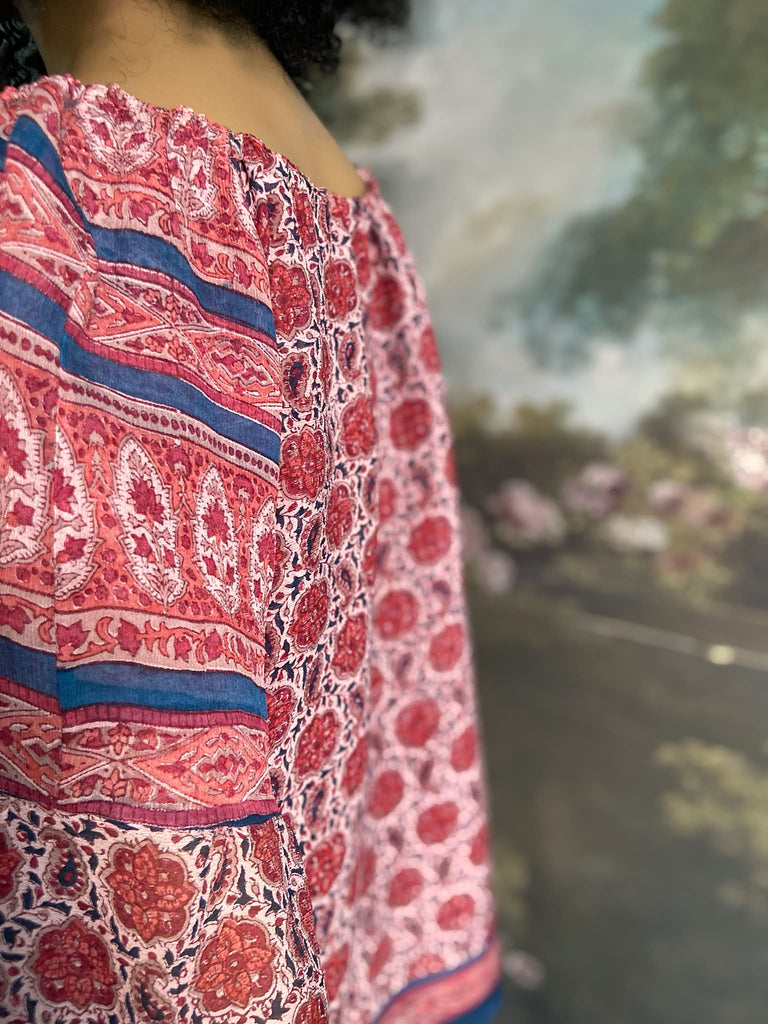 Garnet, Prussian blue and pink silk chiffon blouse with long full sleeves and adjustable drawstring neckline. Bohemian styles sustainably created from antique and vintage textiles by the Pavilion Parade studio. 