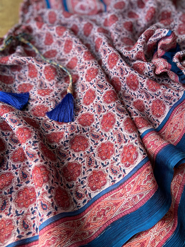 Garnet, Prussian blue and pink silk chiffon blouse with long full sleeves and adjustable drawstring neckline. Bohemian styles sustainably created from antique and vintage textiles by the Pavilion Parade studio. 