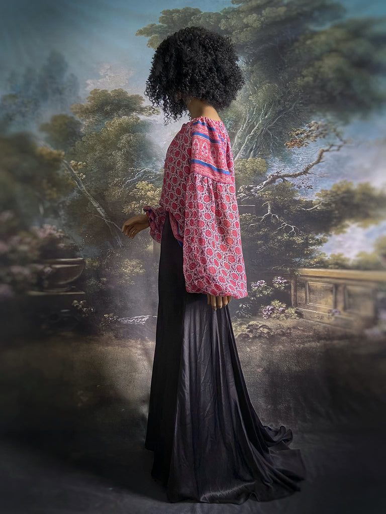 Garnet, Prussian blue and pink silk chiffon blouse with long full sleeves and adjustable drawstring neckline. Bohemian styles sustainably created from antique and vintage textiles by the Pavilion Parade studio. 