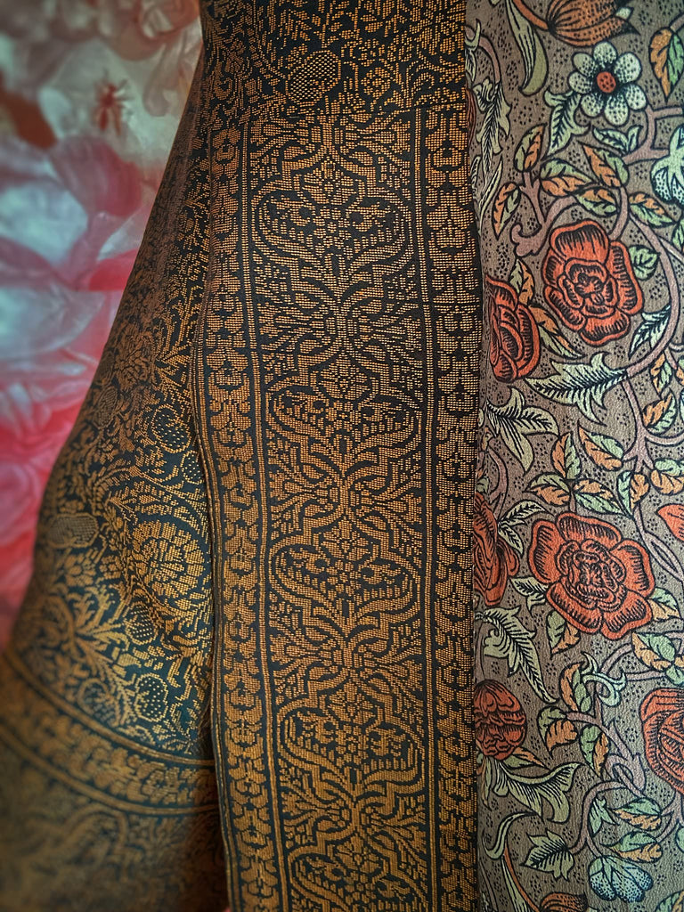 Gold and black silk brocade luxury dressing robe with printed silk lining and tassel sash. Bohemian style created from antique and vintage textiles by the Pavilion Parade studio.