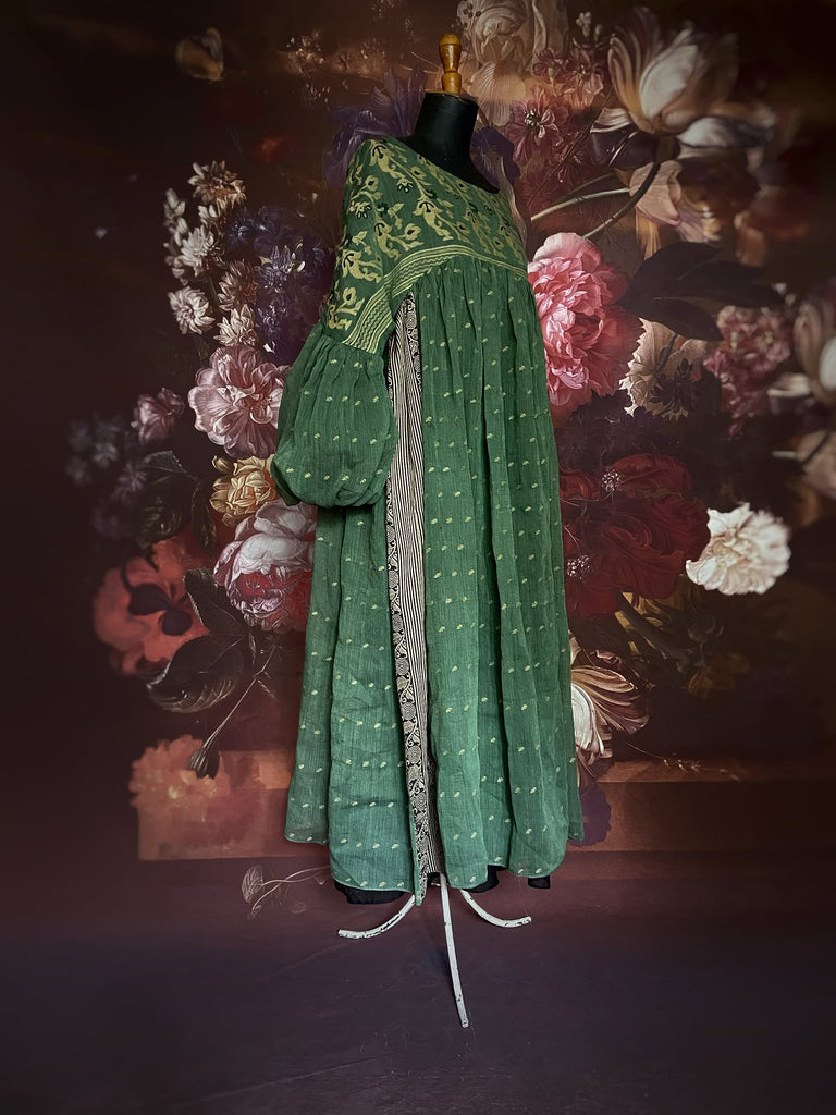Aesthetic Movement inspired moss green pure cottom woven muslin dress with lantern sleeves and pockets. Bohemian style created from vintage and antique textiles by Pavilion Parade