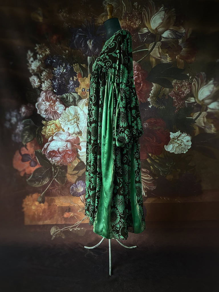 Jade green and chocolate silk georgette floral print maxi dress with full balloon sleeves and side pockets. Bohemian styles created from antique and vintage textiles by the Pavilion Parade studio.