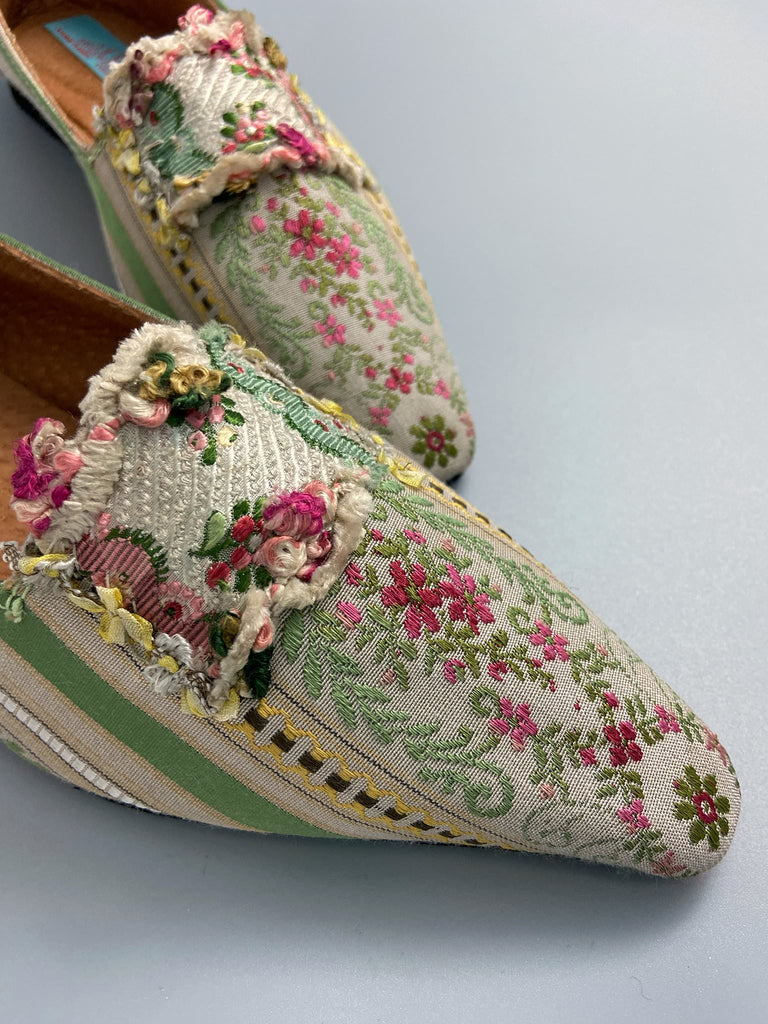 Nettle green, pink and ivory Regency stripe dancing shoes with pointed toe and original Georgian dress trim embellishment. Optional silk satin ankle ribbons. Bohemian style sustainably created from antique textiles by the Pavilion Parade studio