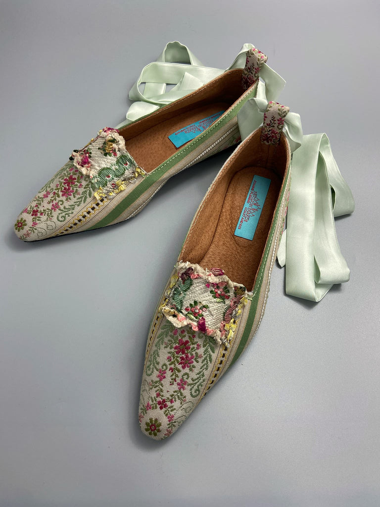 Nettle green, pink and ivory Regency stripe dancing shoes with pointed toe and original Georgian dress trim embellishment. Optional silk satin ankle ribbons. Bohemian style sustainably created from antique textiles by the Pavilion Parade studio