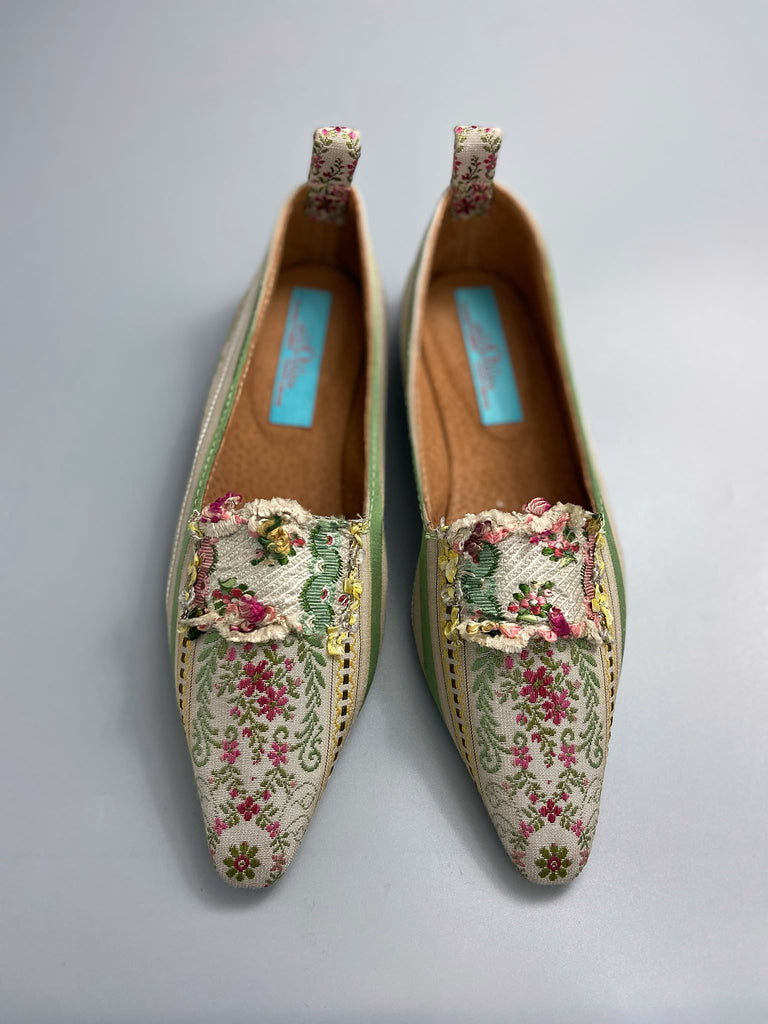 Nettle green, pink and ivory Regency stripe dancing shoes with pointed toe and original Georgian dress trim embellishment. Optional silk satin ankle ribbons. Bohemian style sustainably created from antique textiles by the Pavilion Parade studio