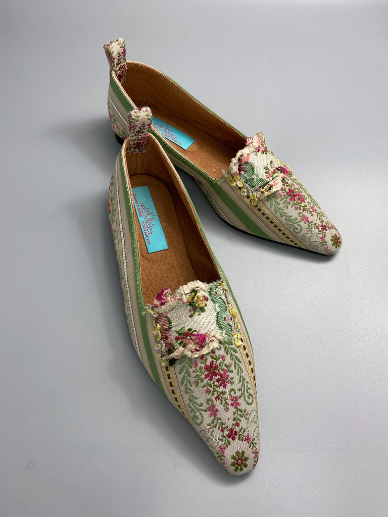 Nettle green, pink and ivory Regency stripe dancing shoes with pointed toe and original Georgian dress trim embellishment. Optional silk satin ankle ribbons. Bohemian style sustainably created from antique textiles by the Pavilion Parade studio