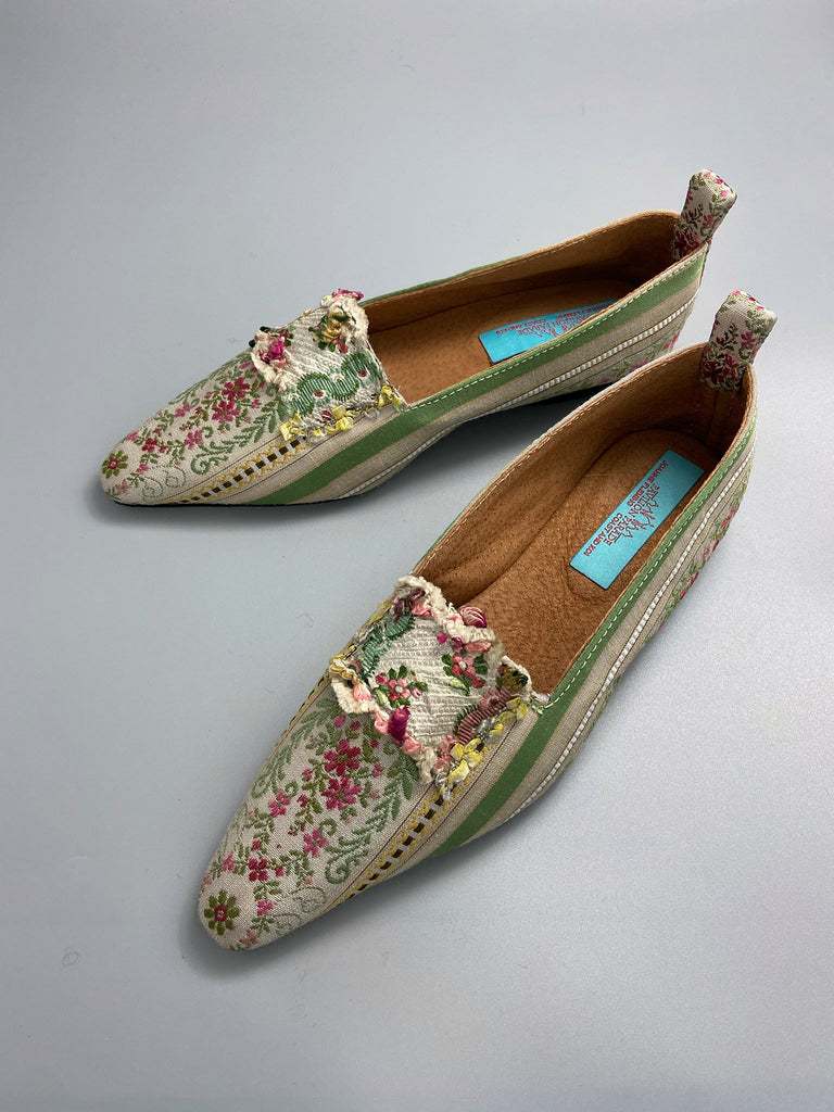 Nettle green, pink and ivory Regency stripe dancing shoes with pointed toe and original Georgian dress trim embellishment. Optional silk satin ankle ribbons. Bohemian style sustainably created from antique textiles by the Pavilion Parade studio