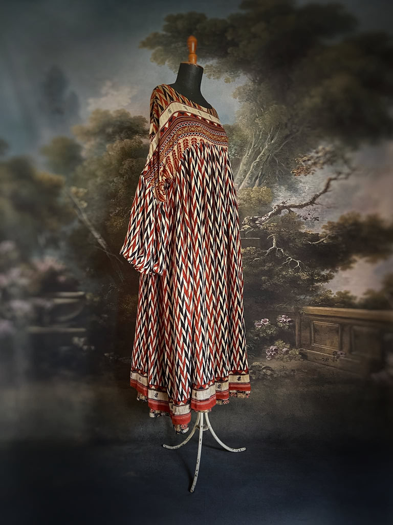 Harlequin reversible cotton dress. Bohemian style sustainably created from antique and vintage textiles by Pavilion Parade