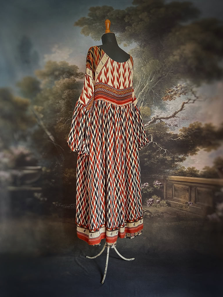 Harlequin reversible cotton dress. Bohemian style sustainably created from antique and vintage textiles by Pavilion Parade