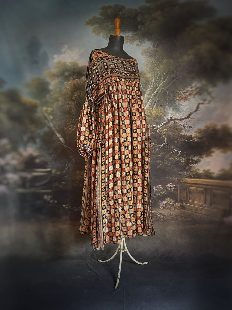 Harlequin reversible cotton dress. Bohemian style sustainably created from antique and vintage textiles by Pavilion Parade