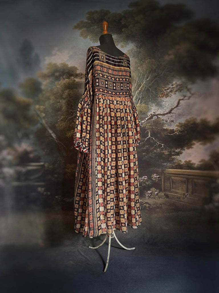 Harlequin reversible cotton dress. Bohemian style sustainably created from antique and vintage textiles by Pavilion Parade
