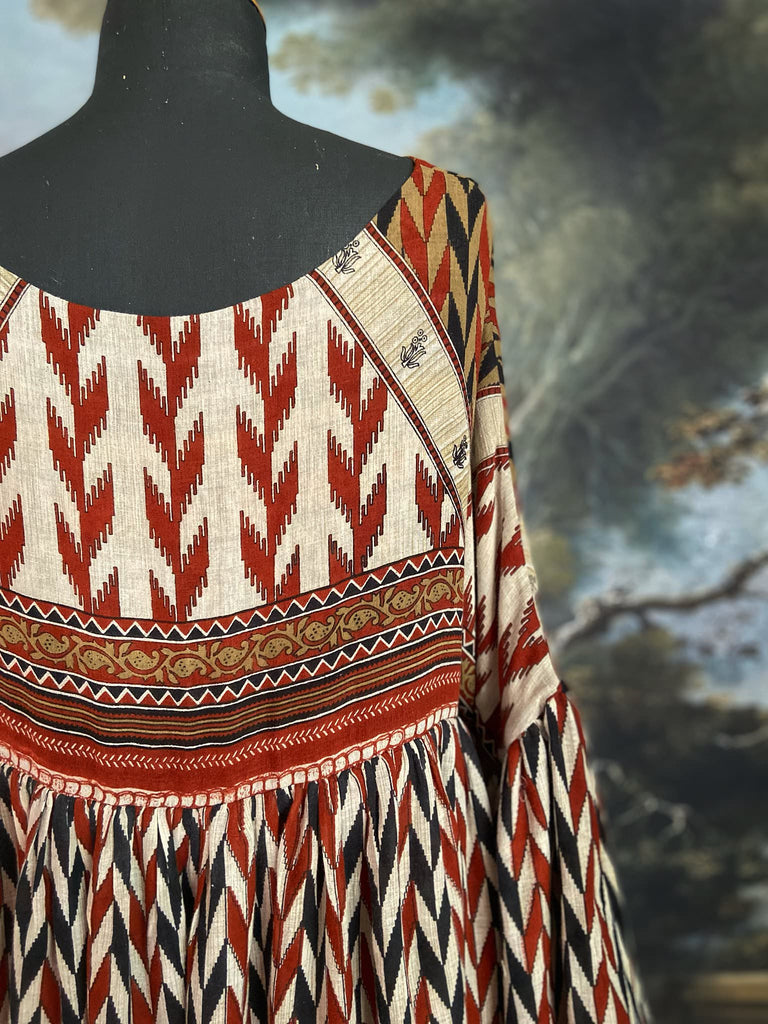 Harlequin reversible cotton dress. Bohemian style sustainably created from antique and vintage textiles by Pavilion Parade