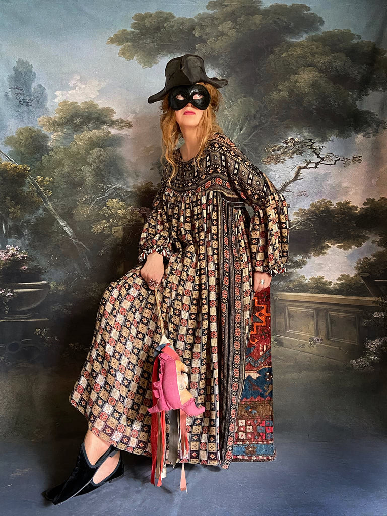 Harlequin reversible cotton dress. Bohemian style sustainably created from antique and vintage textiles by Pavilion Parade