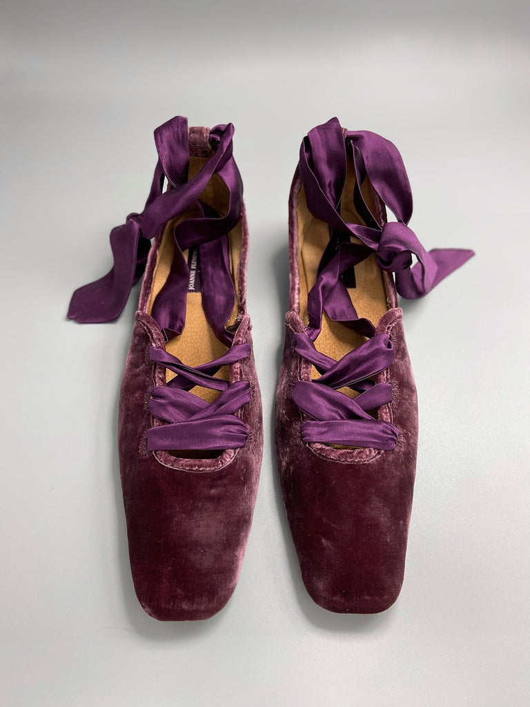 Plum silk velvet ballerina shoes with long silk satin ankle ties. Bohemian style from Pavilion Parade.