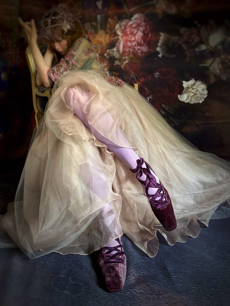 Plum silk velvet ballerina shoes with long silk satin ankle ties. Bohemian style from Pavilion Parade.