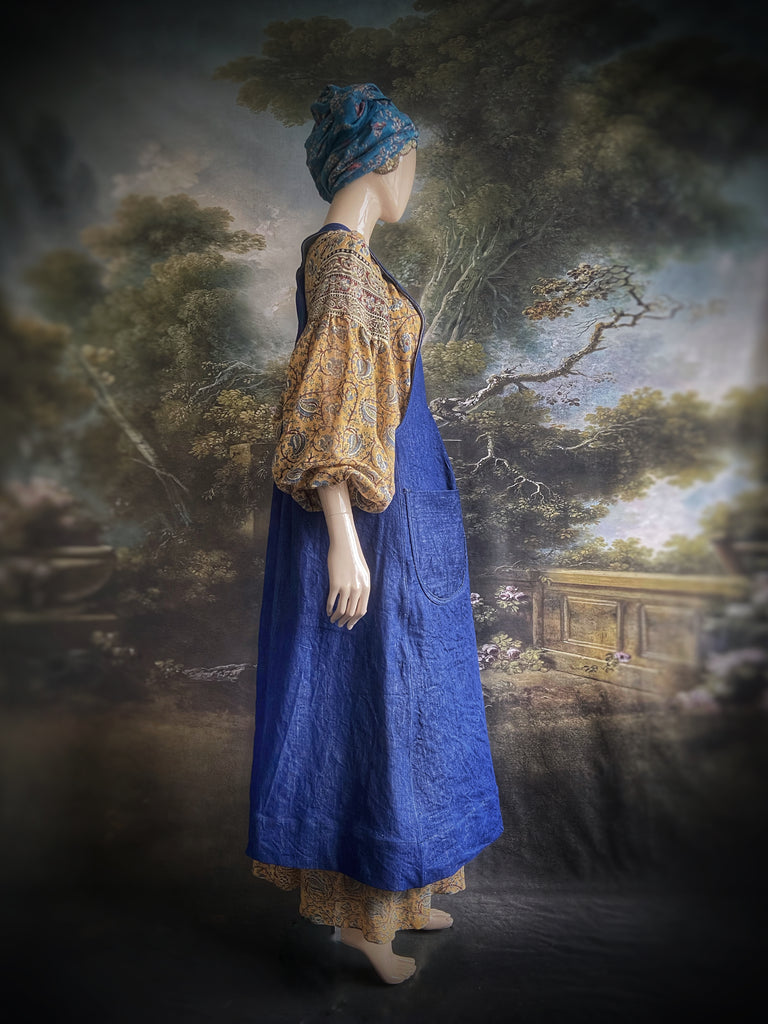 Indigo garden overalls created from vintage deadstock  workwear denim. Bohemian style from antique textiles by the Pavilion Parade studio.